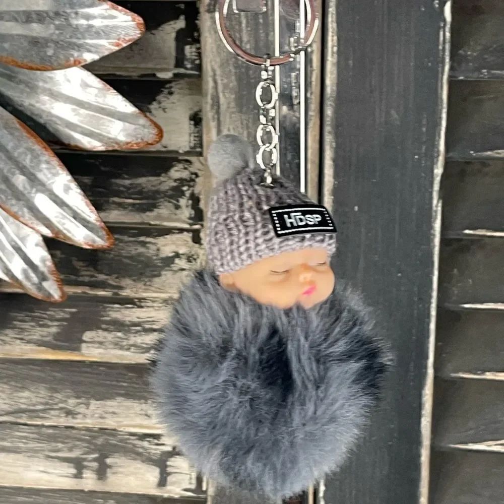 Pom Baby Keychain-Gray & Black w/Hat